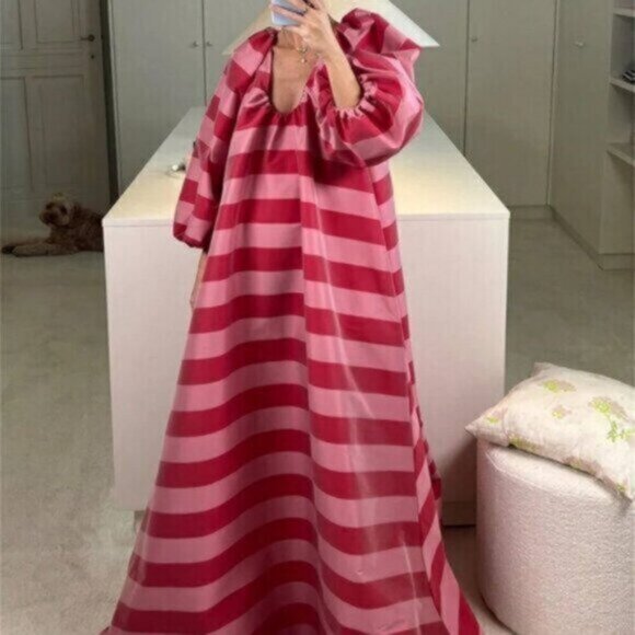 Pink Red Casual Women's V-Neck Striped Maxi Dress - Picture 5 of 7